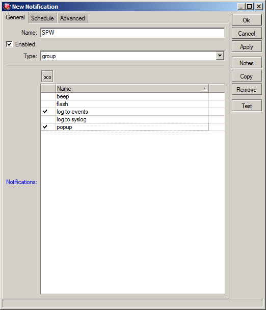 Вкладка General меню создания оповещения